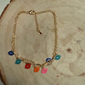Gold plated‎ Multicolor Lip Charm anklet 11”